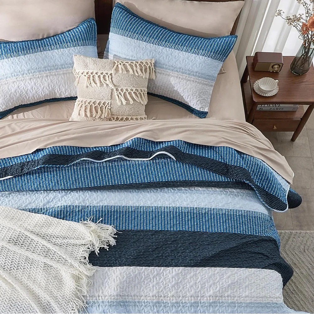 Navy Blue Striped Quilt Queen, 3 Pieces Coverlet Set New